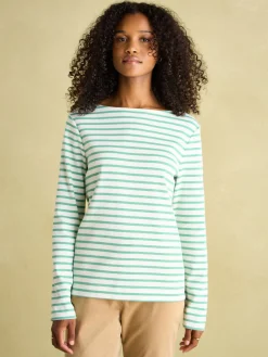 New Harbour Cream & Green Striped Boat Neck Breton Top