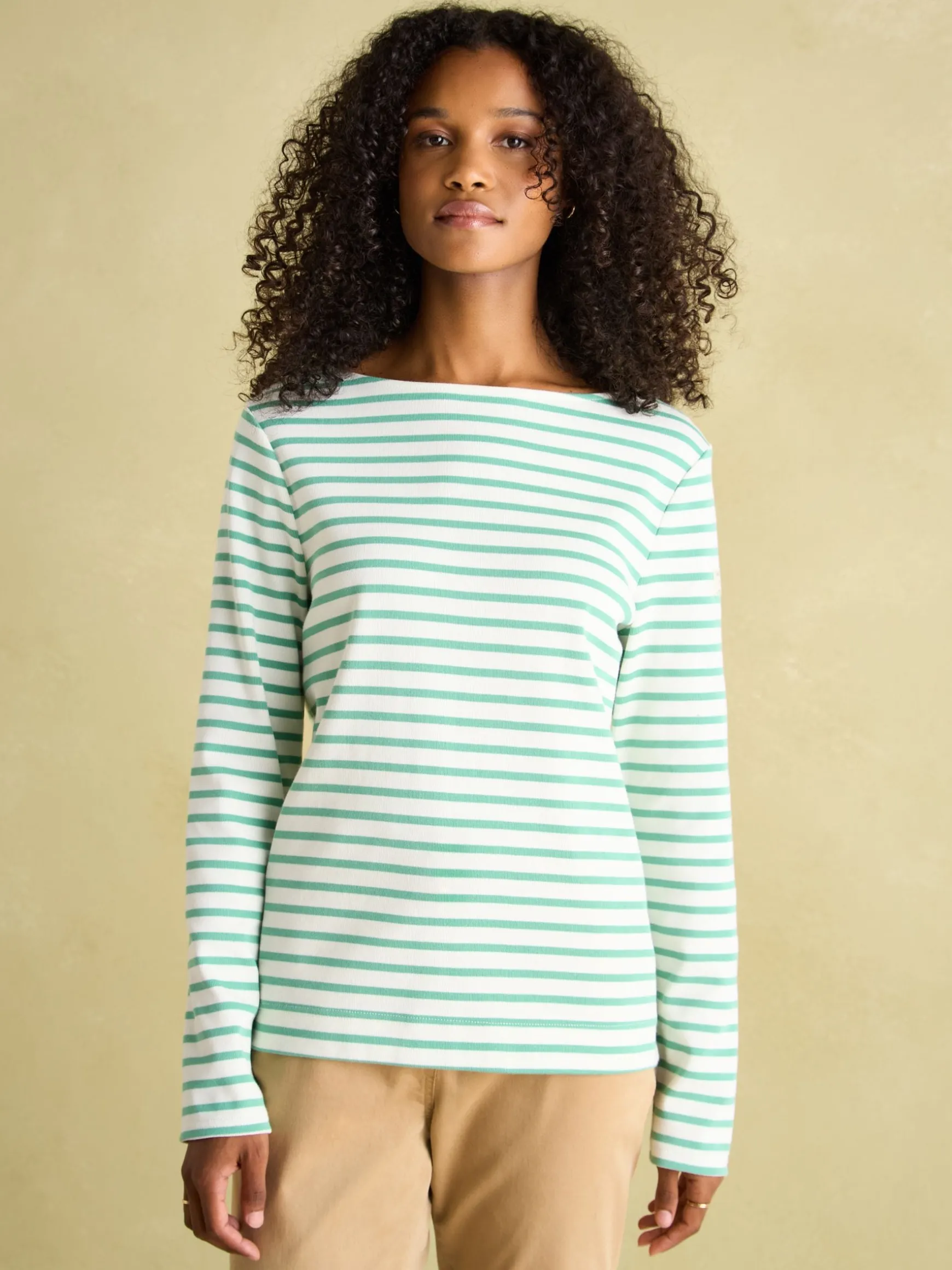New Harbour Cream & Green Striped Boat Neck Breton Top