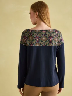 New Harbour Navy Damask Boat Neck Breton Top