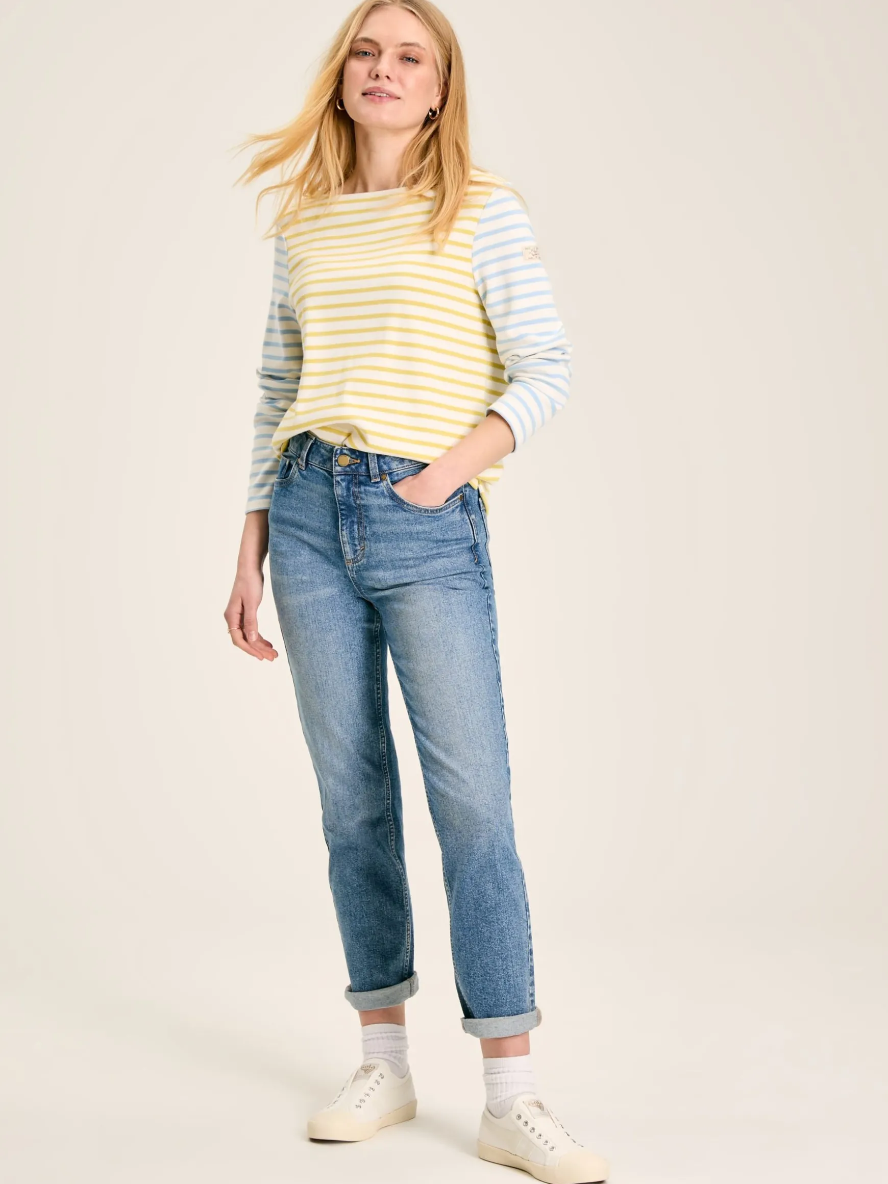 New Harbour Yellow & Blue Striped Boat Neck Breton Top