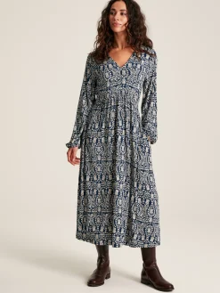 Nia Navy Blue Printed Long Sleeve Midaxi Dress With Pockets