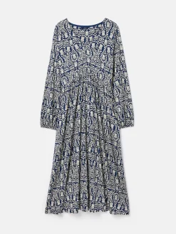 Nia Navy Blue Printed Long Sleeve Midaxi Dress With Pockets