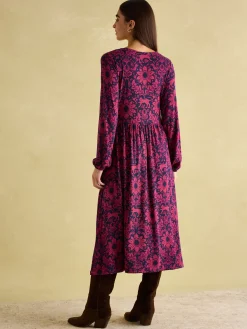 Nia Red & Navy Long Sleeve Midaxi Dress
