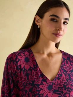 Nia Red & Navy Long Sleeve Midaxi Dress