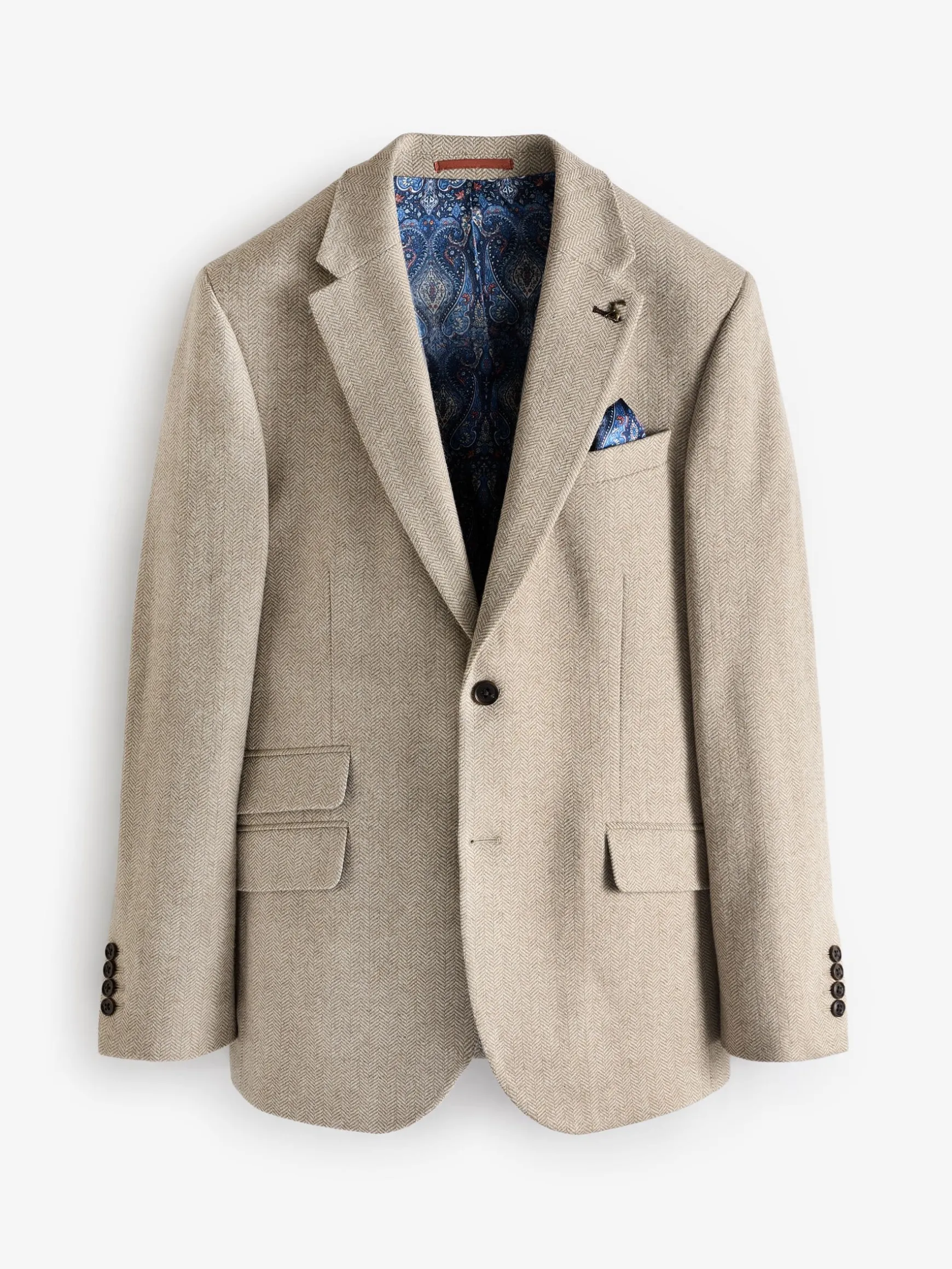 Oatmeal Herringbone Texture Slim Fit Blazer