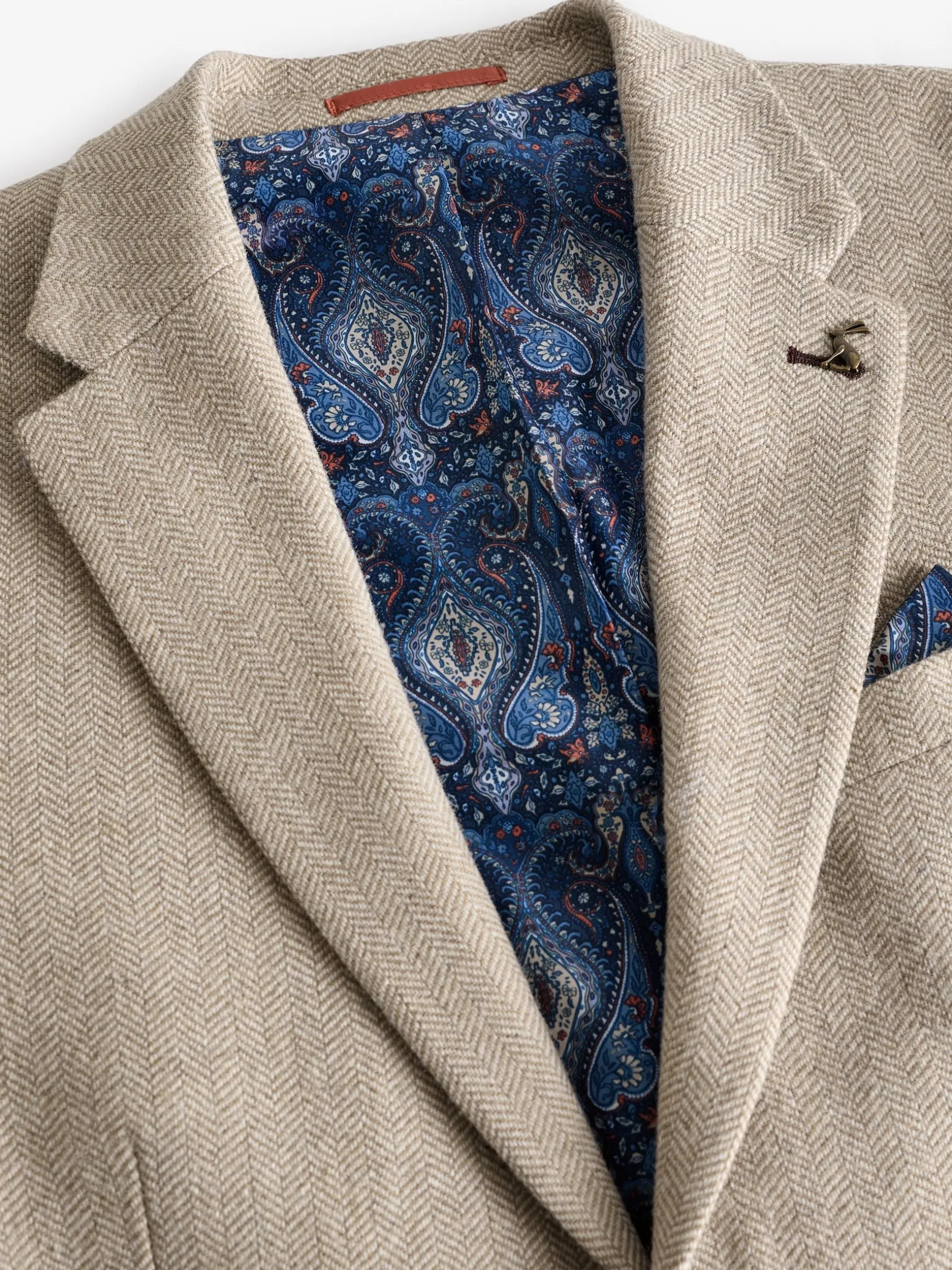 Oatmeal Herringbone Texture Slim Fit Blazer