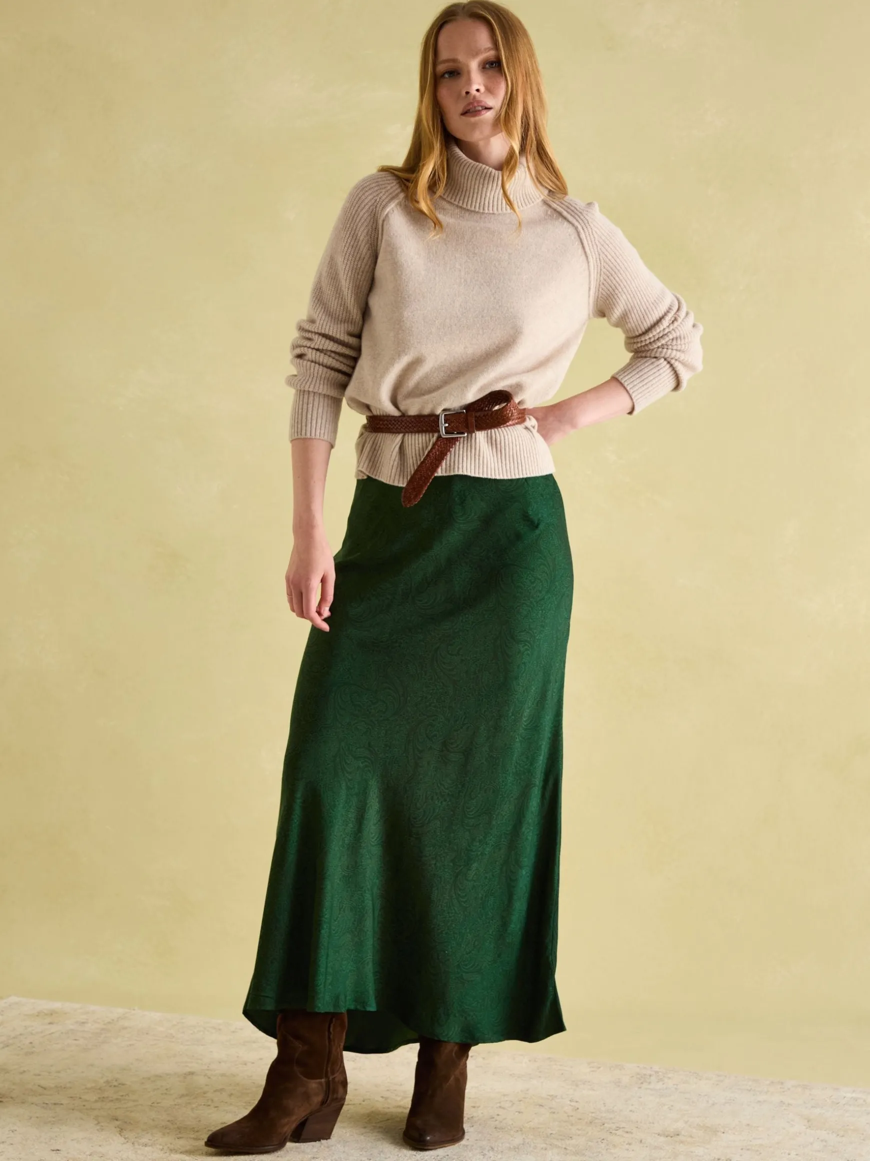 Penelope Green Paisley Satin Midi Skirt