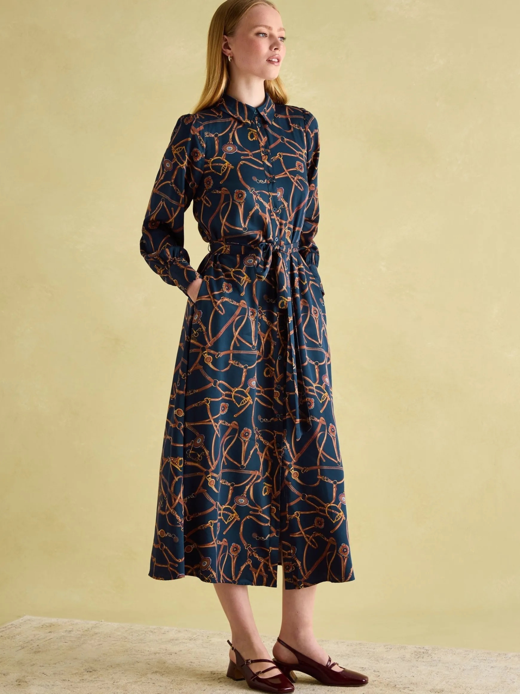 Penelope Navy Bridle Print Satin Shirt Dress