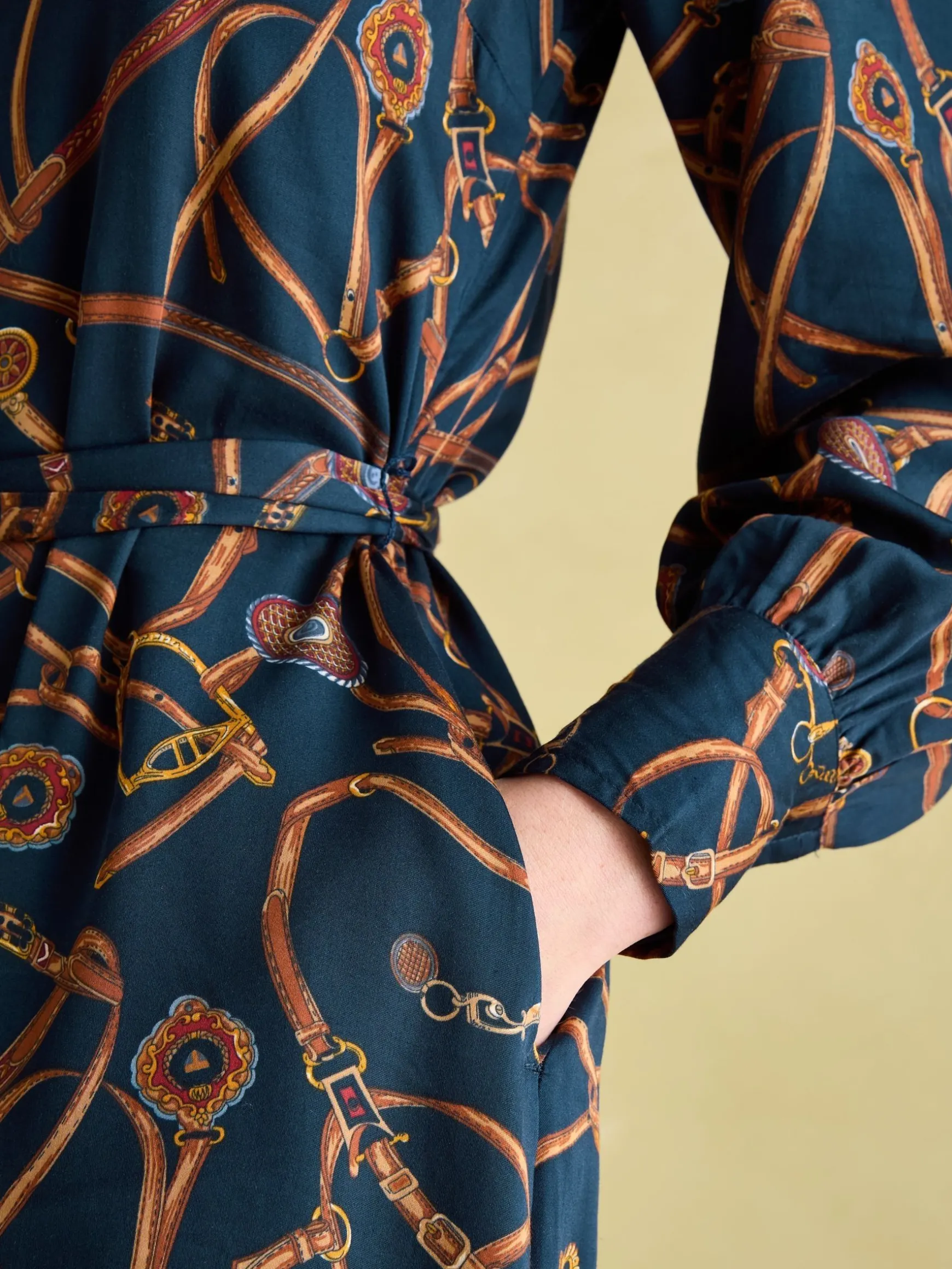 Penelope Navy Bridle Print Satin Shirt Dress