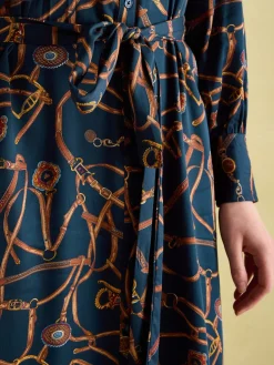 Penelope Navy Bridle Print Satin Shirt Dress
