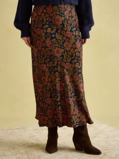 Penelope Navy Floral Satin Midi Skirt
