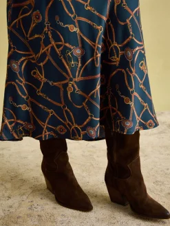 Penelope Navy Satin Midi Skirt