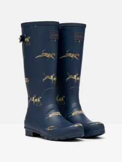 Printed Navy Blue Dog Print Adjustable Tall Wellies