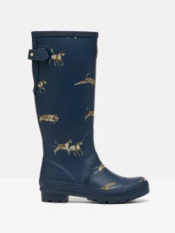 Printed Navy Blue Dog Print Adjustable Tall Wellies