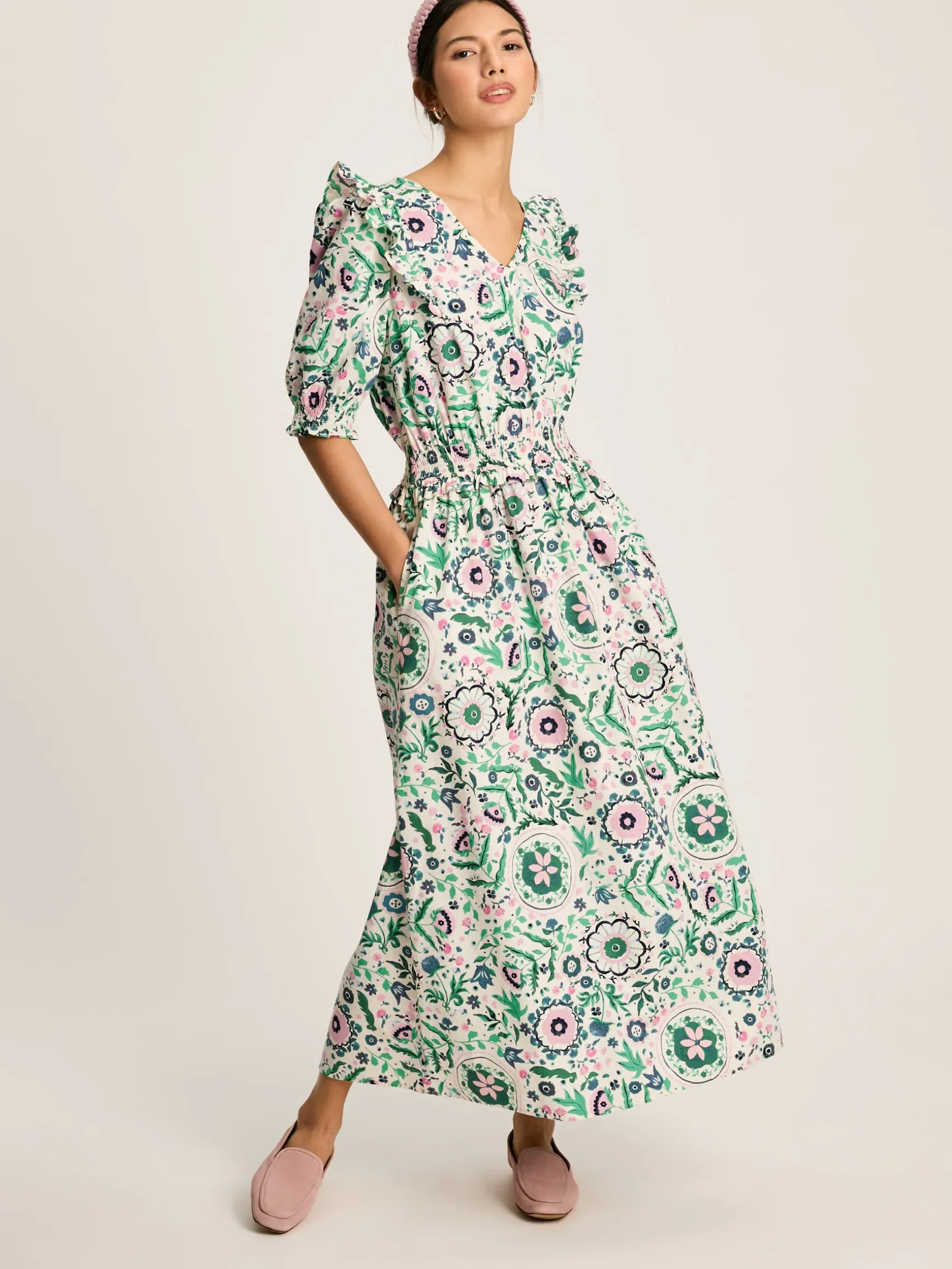 Rosalie Pink/Green V-Neck Frill Dress