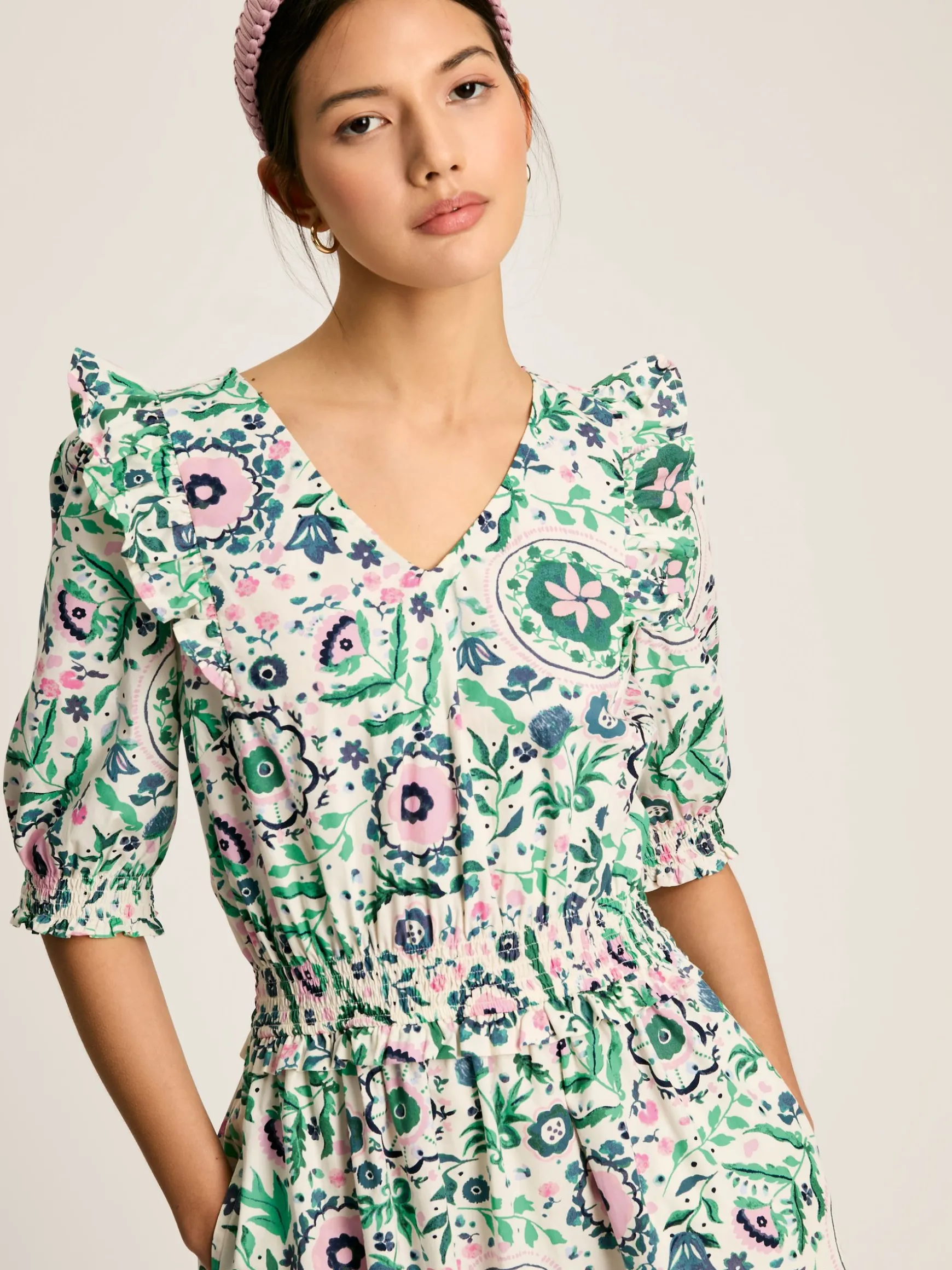 Rosalie Pink/Green V-Neck Frill Dress