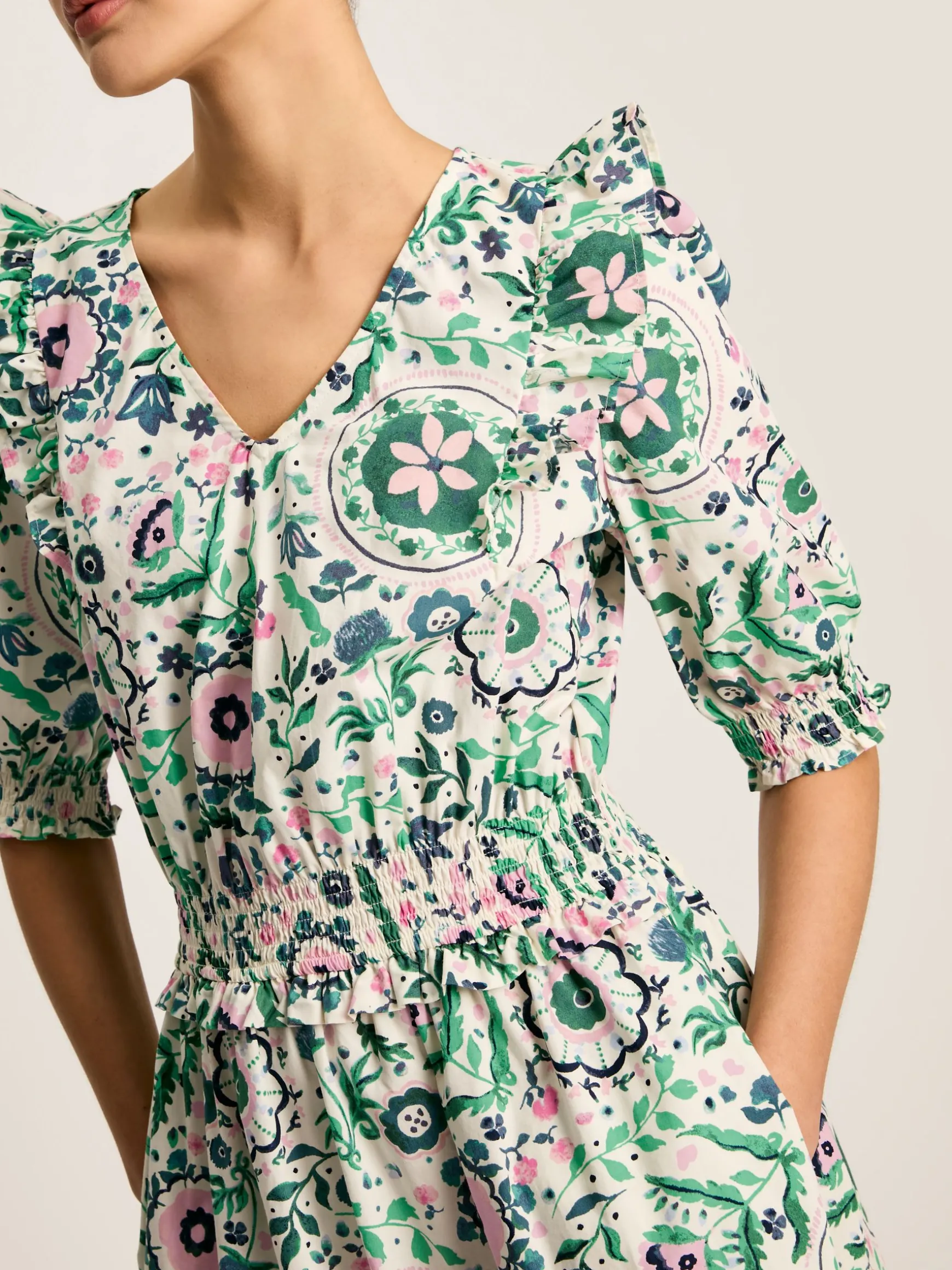 Rosalie Pink/Green V-Neck Frill Dress