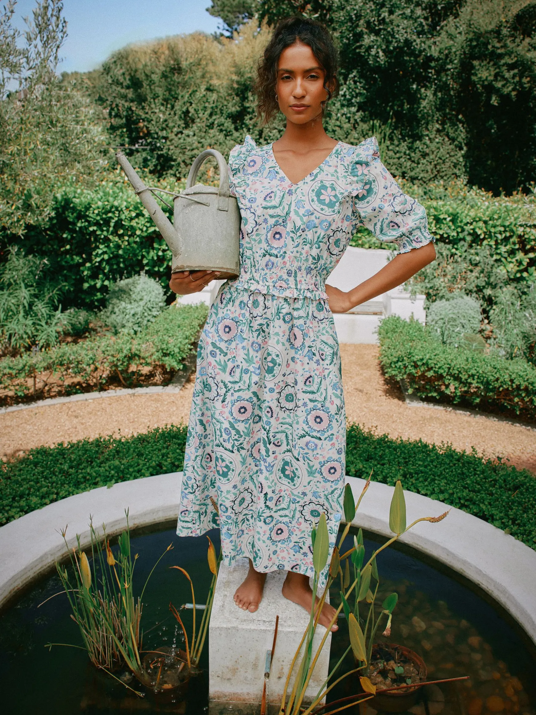 Rosalie Pink/Green V-Neck Frill Dress