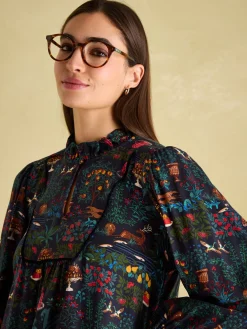 Rosette Black Printed Dress with Pie Crust Neck