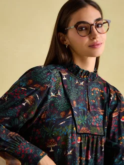 Rosette Black Printed Dress with Pie Crust Neck