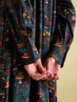 Rosette Black Printed Dress with Pie Crust Neck