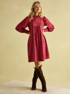 Rosette Red Floral Printed Dress with Pie Crust Neck