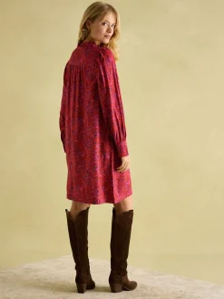 Rosette Red Floral Printed Dress with Pie Crust Neck