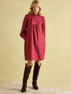 Rosette Red Floral Printed Dress with Pie Crust Neck