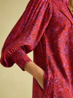 Rosette Red Floral Printed Dress with Pie Crust Neck