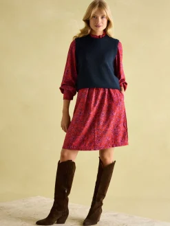 Rosette Red Floral Printed Dress with Pie Crust Neck