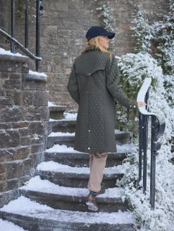 Rosewell Khaki Green Showerproof Longline Diamond Quilted Coat