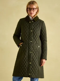 Rosewell Khaki Green Showerproof Longline Diamond Quilted Coat