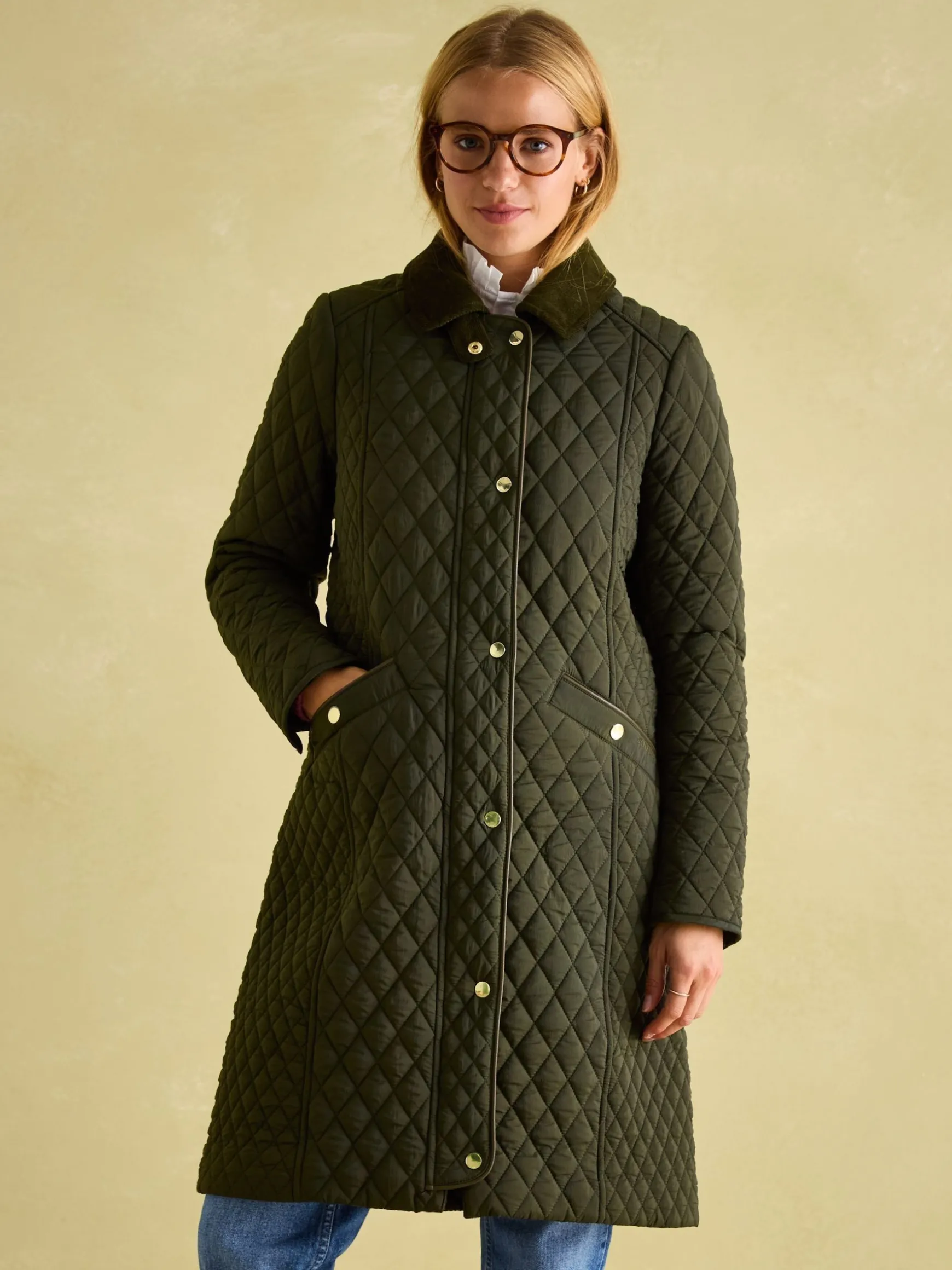 Rosewell Khaki Green Showerproof Longline Diamond Quilted Coat