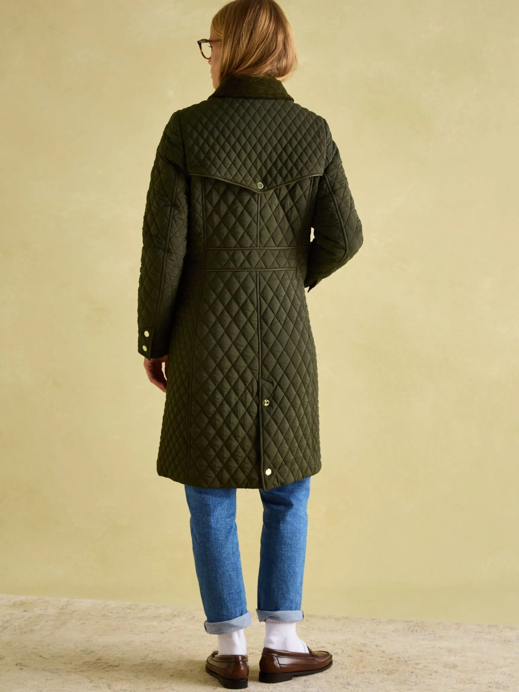 Rosewell Khaki Green Showerproof Longline Diamond Quilted Coat