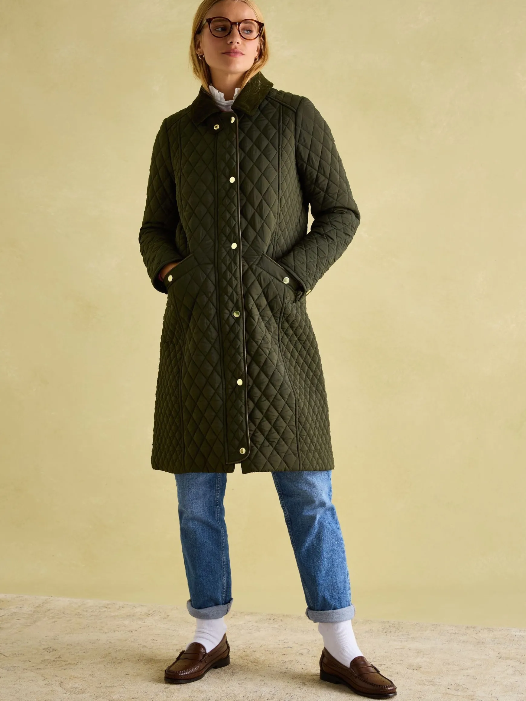 Rosewell Khaki Green Showerproof Longline Diamond Quilted Coat