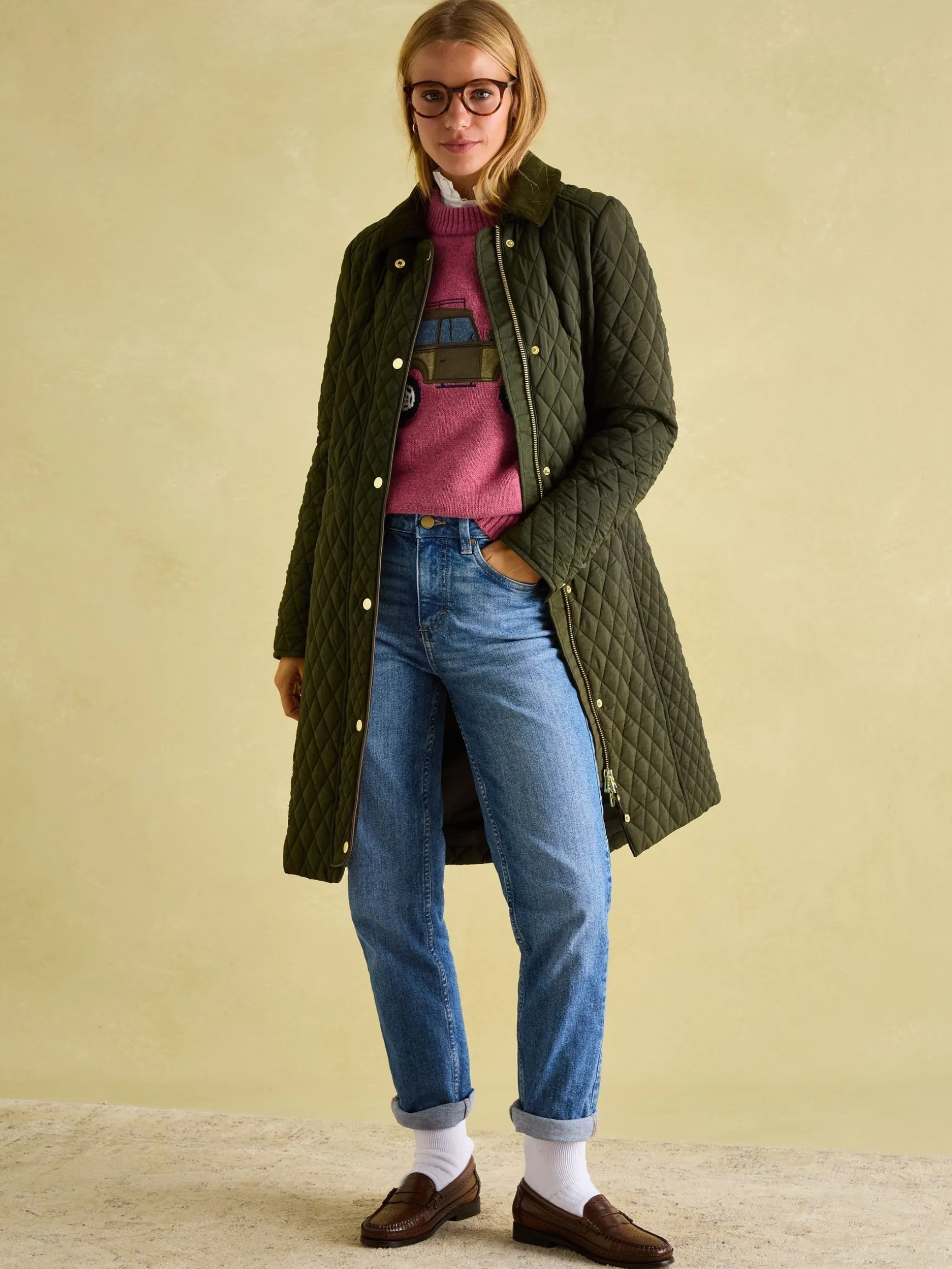 Rosewell Khaki Green Showerproof Longline Diamond Quilted Coat