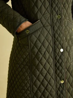Rosewell Khaki Green Showerproof Longline Diamond Quilted Coat
