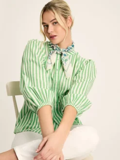 Rowan Green/White Gathered Sleeve Blouse