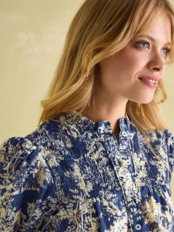 Silvia Blue Frill Neck Smocked Blouse