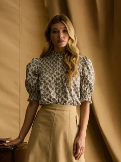 Silvia Green Frill Neck Smocked Blouse