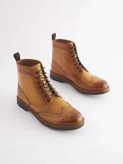 Tan Leather Cleated Brogue Boots