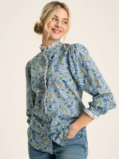 Valentina Blue/White Broderie Trim Blouse