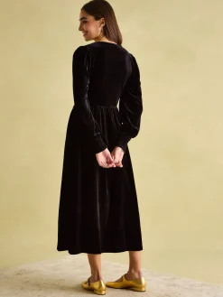 Vanessa Black Velvet Shirred Dress