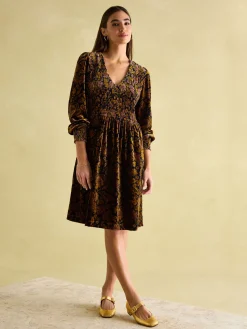Vanessa Floral Velvet Shirred Dress