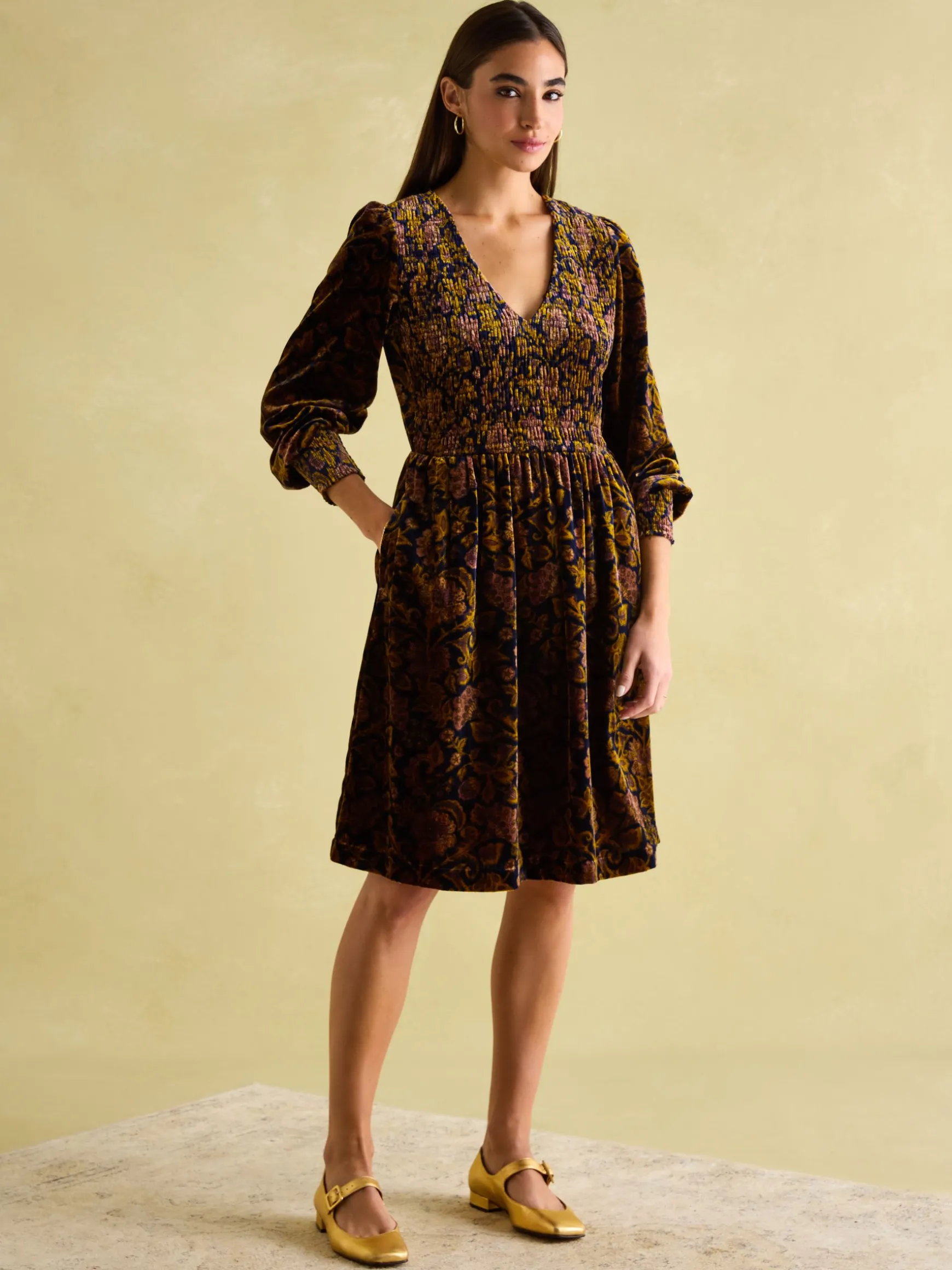 Vanessa Floral Velvet Shirred Dress