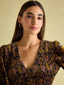 Vanessa Floral Velvet Shirred Dress