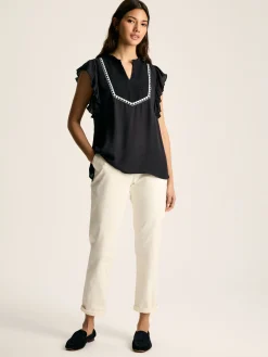 Verity Navy Frill Shoulder Sleeveless Blouse