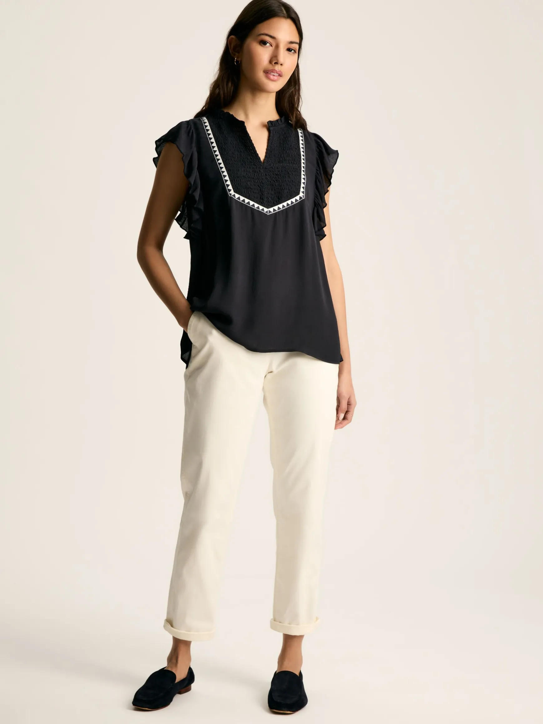 Verity Navy Frill Shoulder Sleeveless Blouse