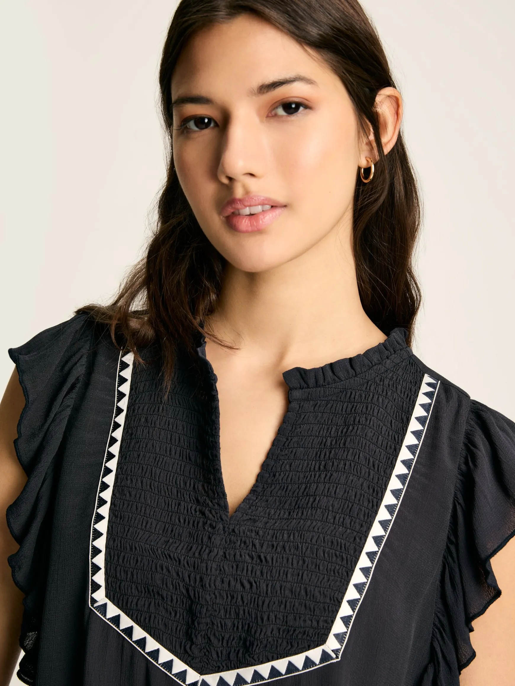Verity Navy Frill Shoulder Sleeveless Blouse