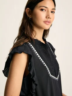 Verity Navy Frill Shoulder Sleeveless Blouse